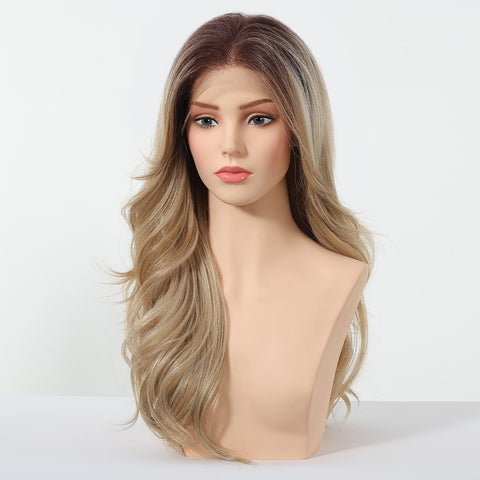 DWY Barbara-DWY 13x4 Filter Lace Front Free Part Long-Length Wavy Blonde with Dark Roots Glueless Synthetic Wig