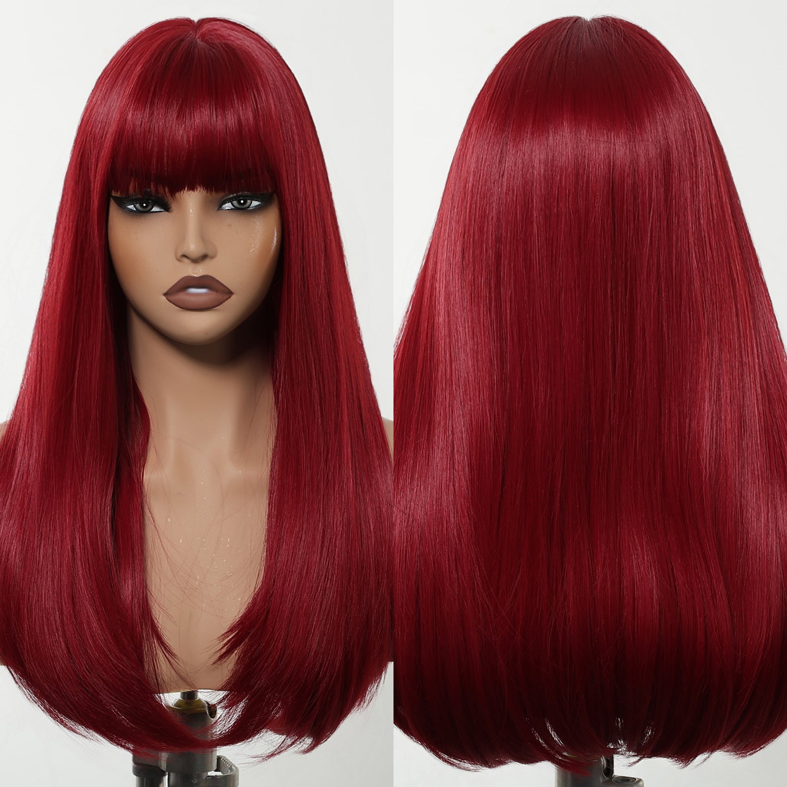 DWY vibrant red long layered wig with blunt bangs displayed on a mannequin head, showing both front and back views side by side.