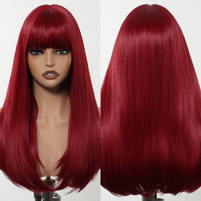DWY vibrant red long layered wig with blunt bangs displayed on a mannequin head, showing both front and back views side by side.