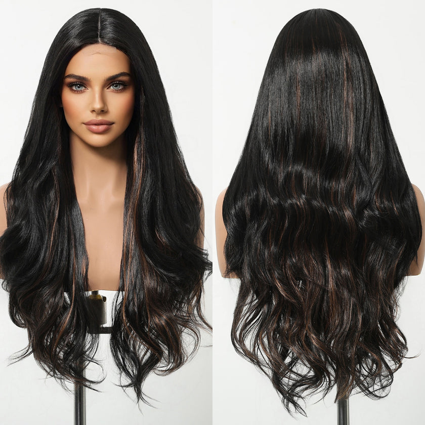 DWY Money Piece Brown Long Natural Wavy Synthetic Wig