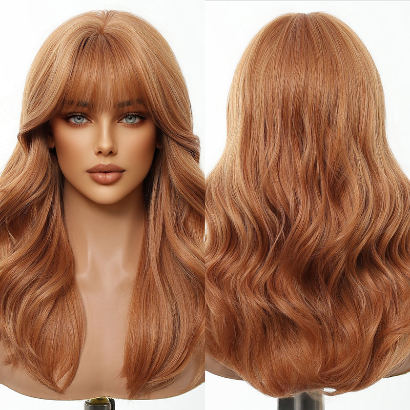 Rina-DWY Machine Made Mid-length Wavy Hairstyle Auburn with Blunt Bangs Glueless Synthetic Wig for Women 18 Inches