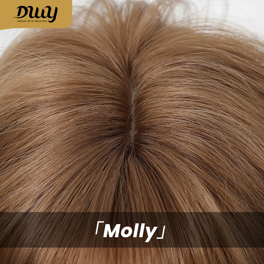 Molly-DWY Mid-Length Wavy Layer Cut Golden Linen Brown Glueless Synthetic Wig for Women 24 Inches Natural Hairline