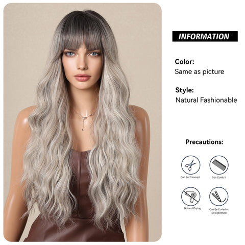 [Adr] DWY Long Wavy Wigs for Women Black Gradient Gray Wig 26 Inch Long Curly Ombre Wigs with Bangs and Dark Roots Synthetic Heat Resistant Fiber Wigs for Daily Party LC1111-3