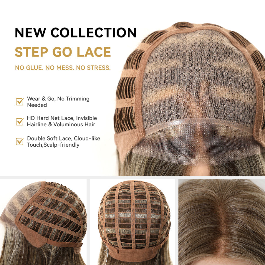 Freya-DWY NEW Step Go Lace Free Part Mid-Length Layered Brown Highlighted Glueless Mixed Japanese Fiber Wig