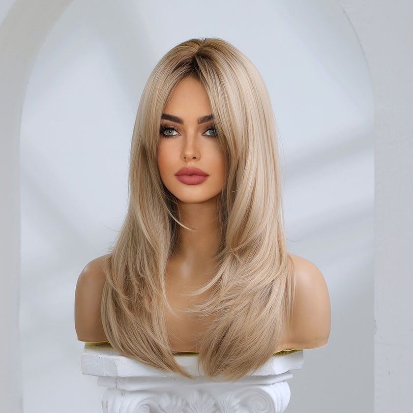Mabel-DWY Rooted Dirty Blonde Long Straight Synthetic Wig With Side Bangs