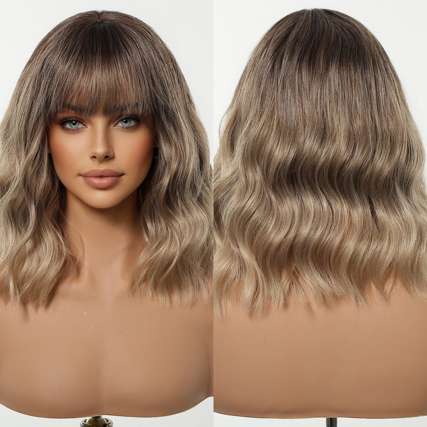 Diane-DWY Machine Made Short-length Water Wave Blonde Gradient Bob Hair with Bangs Glueless Synthetic Wig for Women 14 Inches