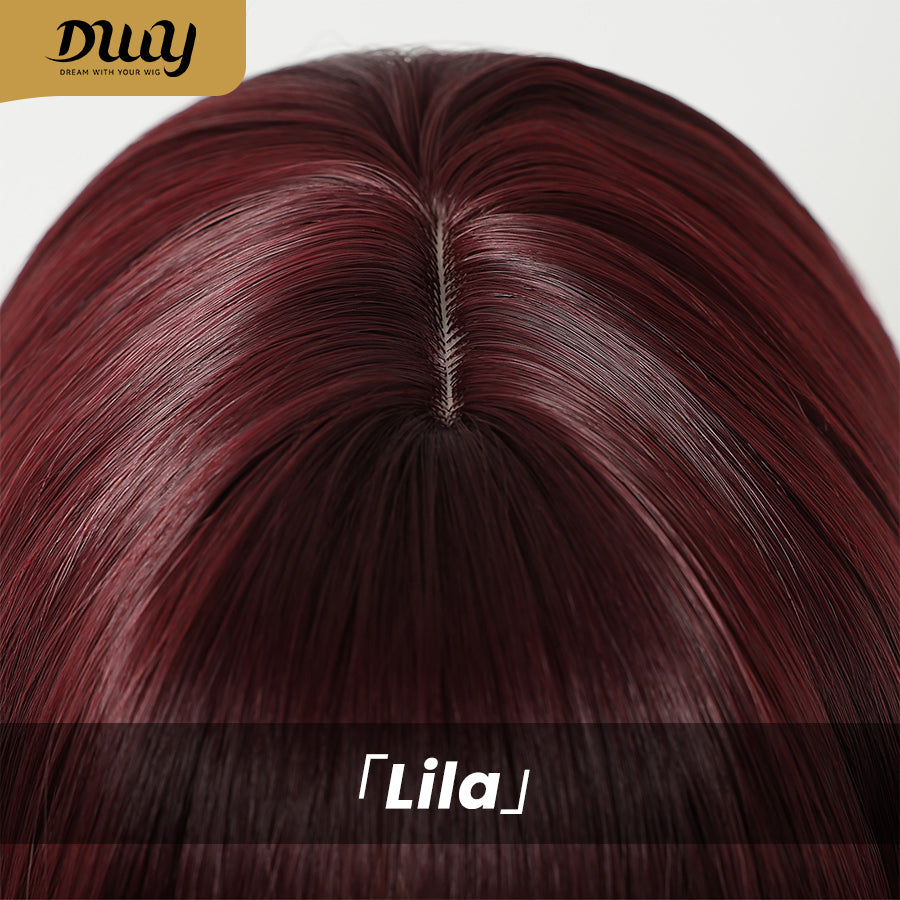Lila-DWY Machine Made Mid-Length Straight Burgundy Glueless Synthetic Wig with Bangs for Women 14 Inches - Sleek & Modern Look