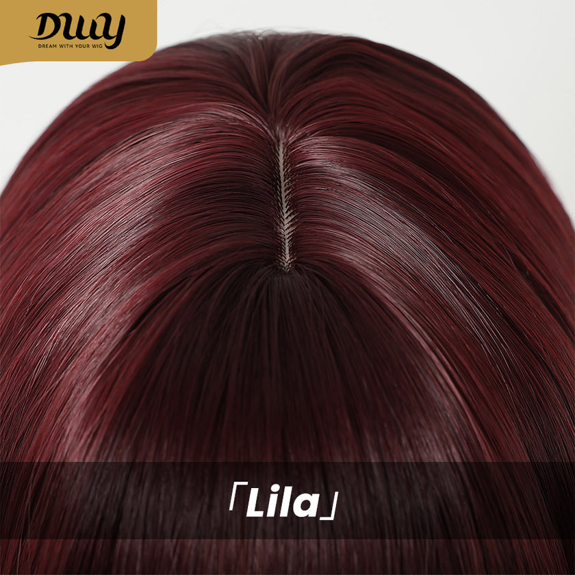Lila-DWY Machine Made Mid-Length Straight Burgundy Glueless Synthetic Wig with Bangs for Women 14 Inches - Sleek & Modern Look