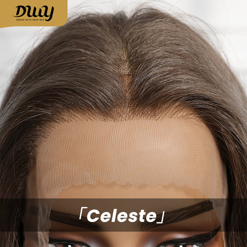 Celeste-DWY Free Part Lace Front 13×6 Ombre Light Blue Brown Wavy Synthetic Wig