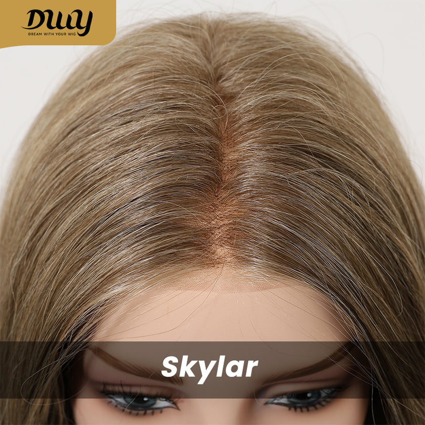 Skylar-DWY Mono Lace Front Free Part Long-Length Curly Brown with Highlights Glueless Synthetic Wig for Women 20 Inches