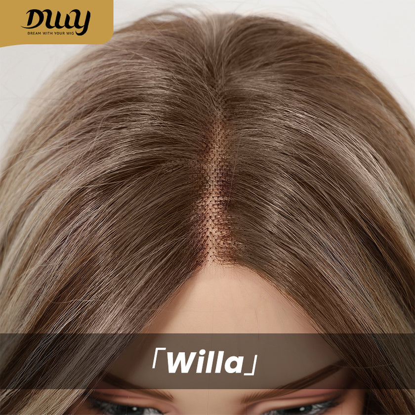 Willa- NEW! DWY Pre-cut U part Diamond Lace Long-length Lace Icy Bronde Highlighted Layer-cut Curly Hair Glueless Synthetic Wigs for Women 22 Inch