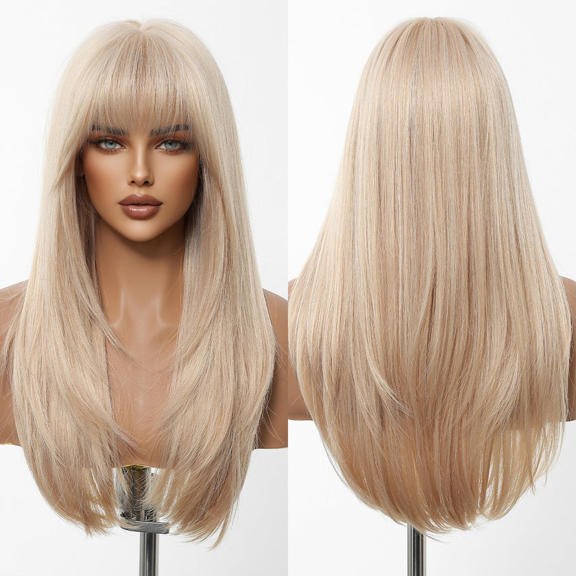 Mindy-DWY Short-length Straight Blonde Realistic LargeArea Scalp Layer-cut Hair Glueless Synthetic Wig for Women 24 Inches