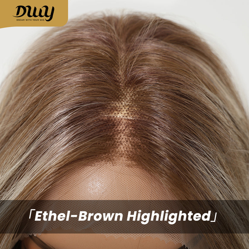 Ethel-DWY 13x6 Filter Lace Front Free Part Long Length Straight Brown with Highlights Glueless Synthetic Wig