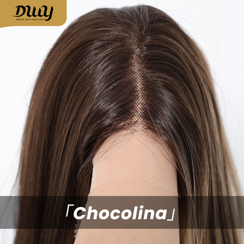 Chocolina-DWY Lace Front 13×6 Free Part Long Straight Brown With Blonde Highlights Synthetic Wig