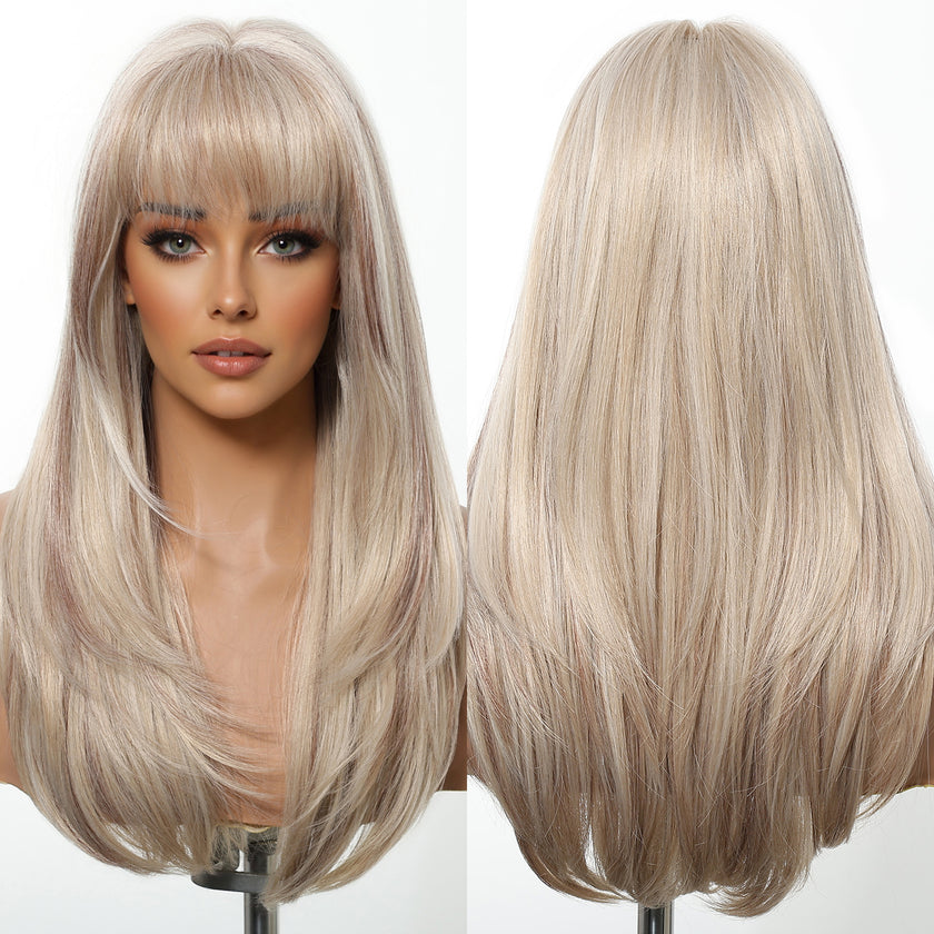 Tina- DWY NEWIN Long-length Layer-cut Straight with Air Bangs Linen Brown with Highlights Glueless Synthetic Wig