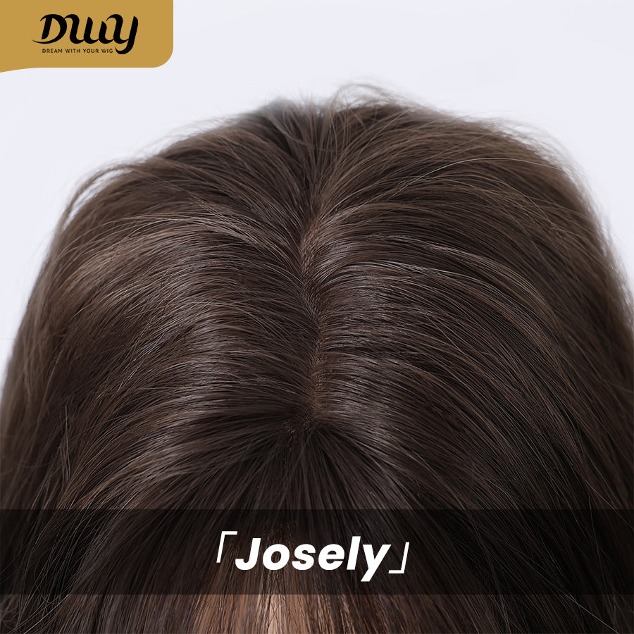 Josely-DWY Machine Made Long Wavy Hairstyle with Blunt Bangs Dark Brown to Light Blonde Ombre Glueless Synthetic Wig for Women 28 Inches