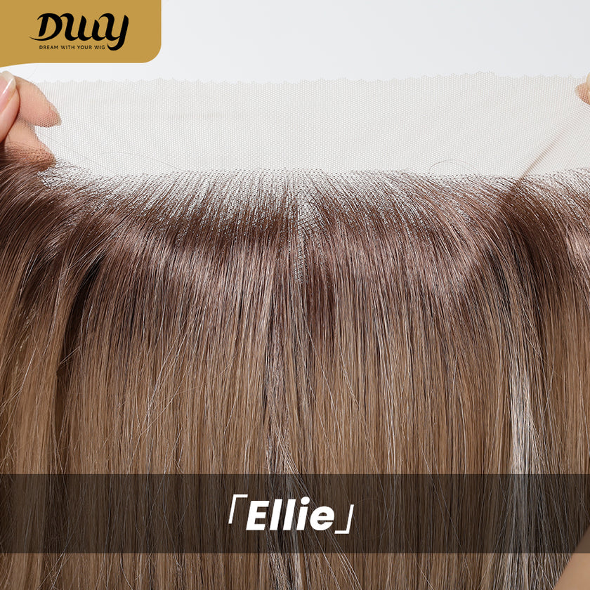 Ellie C-DWY 13×6 Lace Front Free Part Mid-Length Straight Rooted Ash Blonde Glueless Synthetic Wig for Women 16 Inches