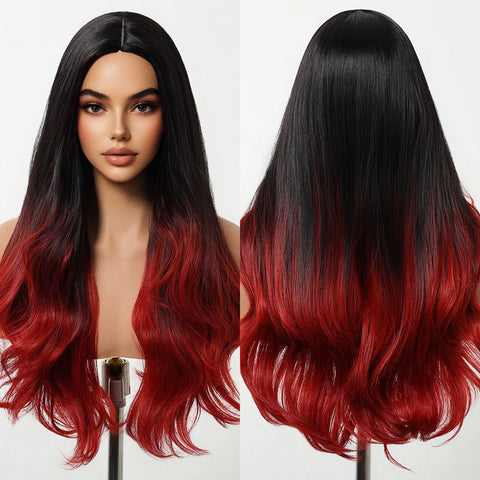 【Year End Sale】Dwy Jet Black & Red Mixed Synthetic Wig – Wavy Style