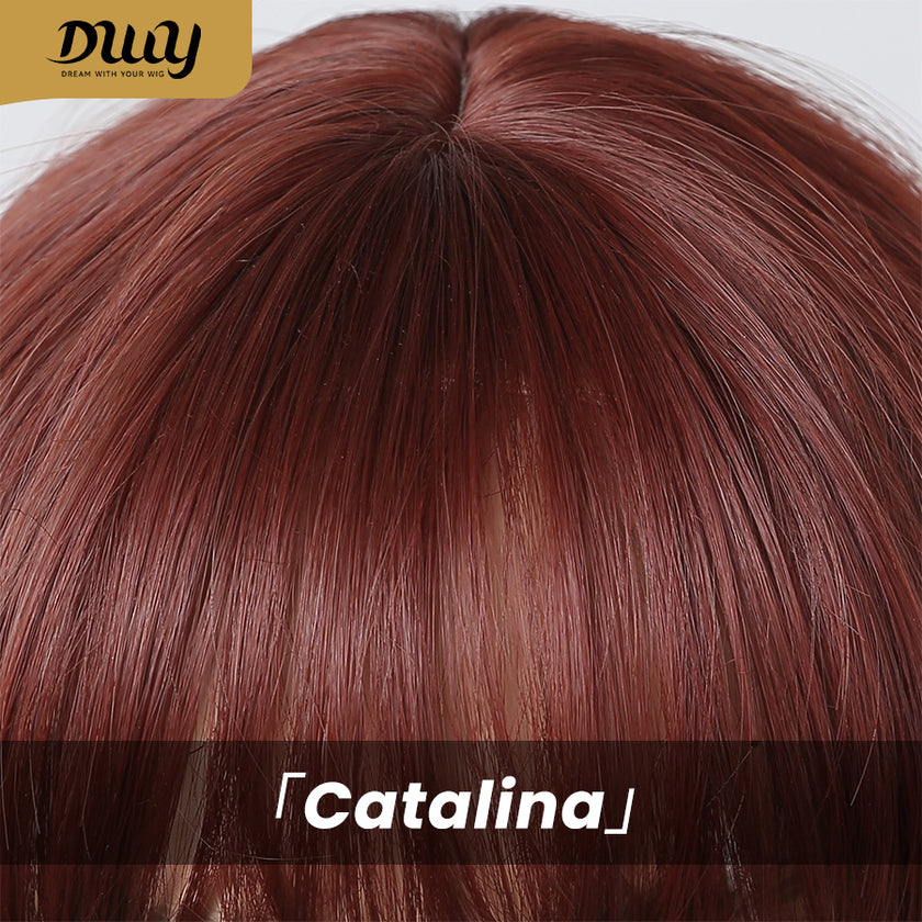 Catalina-DWY Machine Made Dark Red Wavy Bob wigs Glueless  Synthetic  Wig for Women 16  Inches
