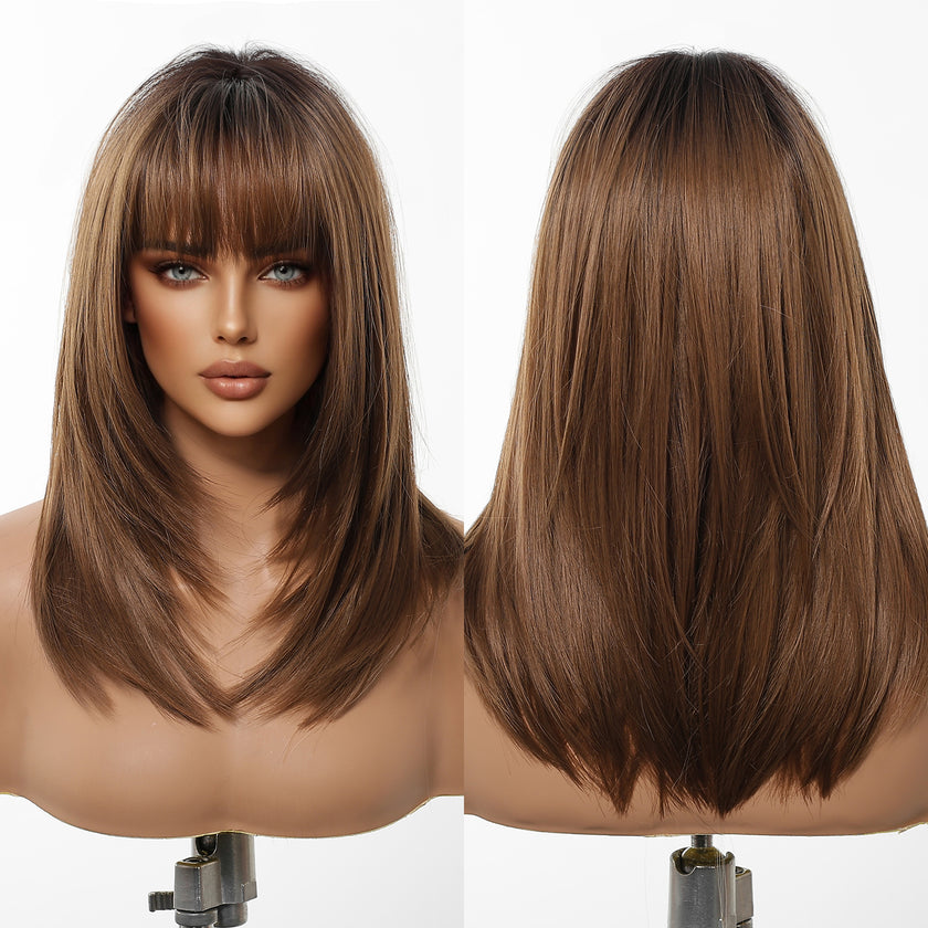 DWY Machine Made Mid-length Layered Hairstyle with Bangs Brown Glueless Synthetic Wig for Women 18 Inches