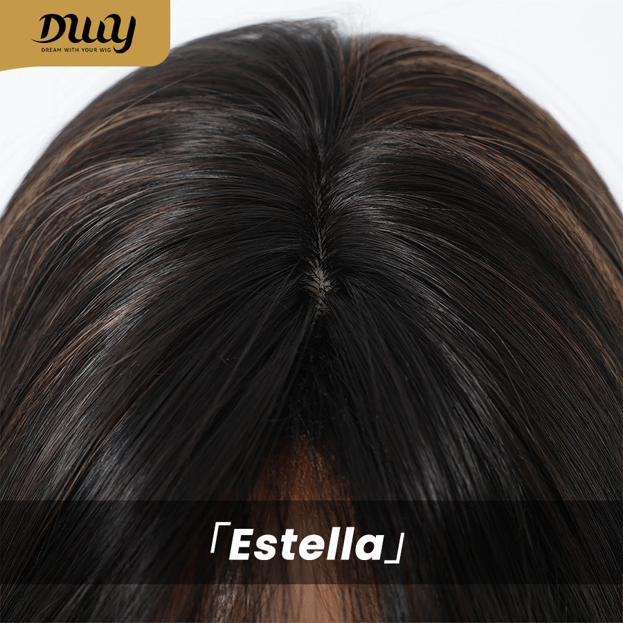 DWY 22-Inch Long Straight Black and Blonde Highlight Synthetic Wig with Bangs