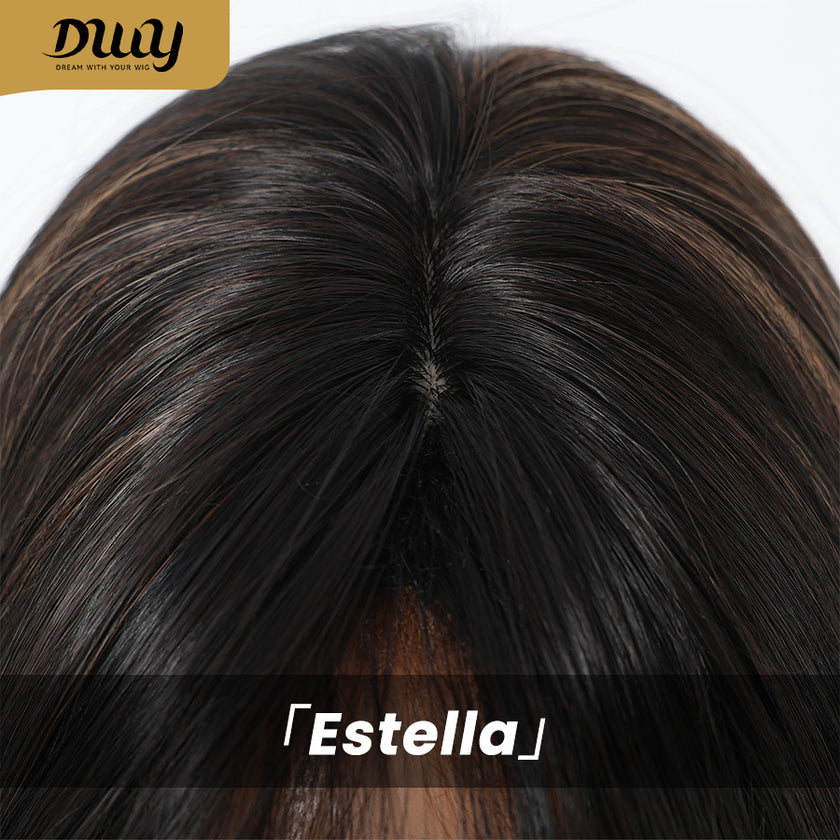 DWY 22-Inch Long Straight Black and Blonde Highlight Synthetic Wig with Bangs