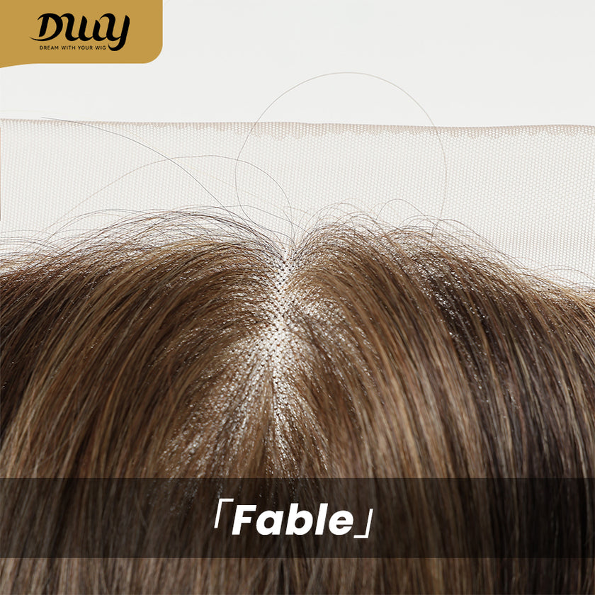 Fable-DWY 13×4 Lace Front Free Part Mid-Length Layer-cut Straight Brown with Highlights Glueless Synthetic Wig for Women 18 Inches