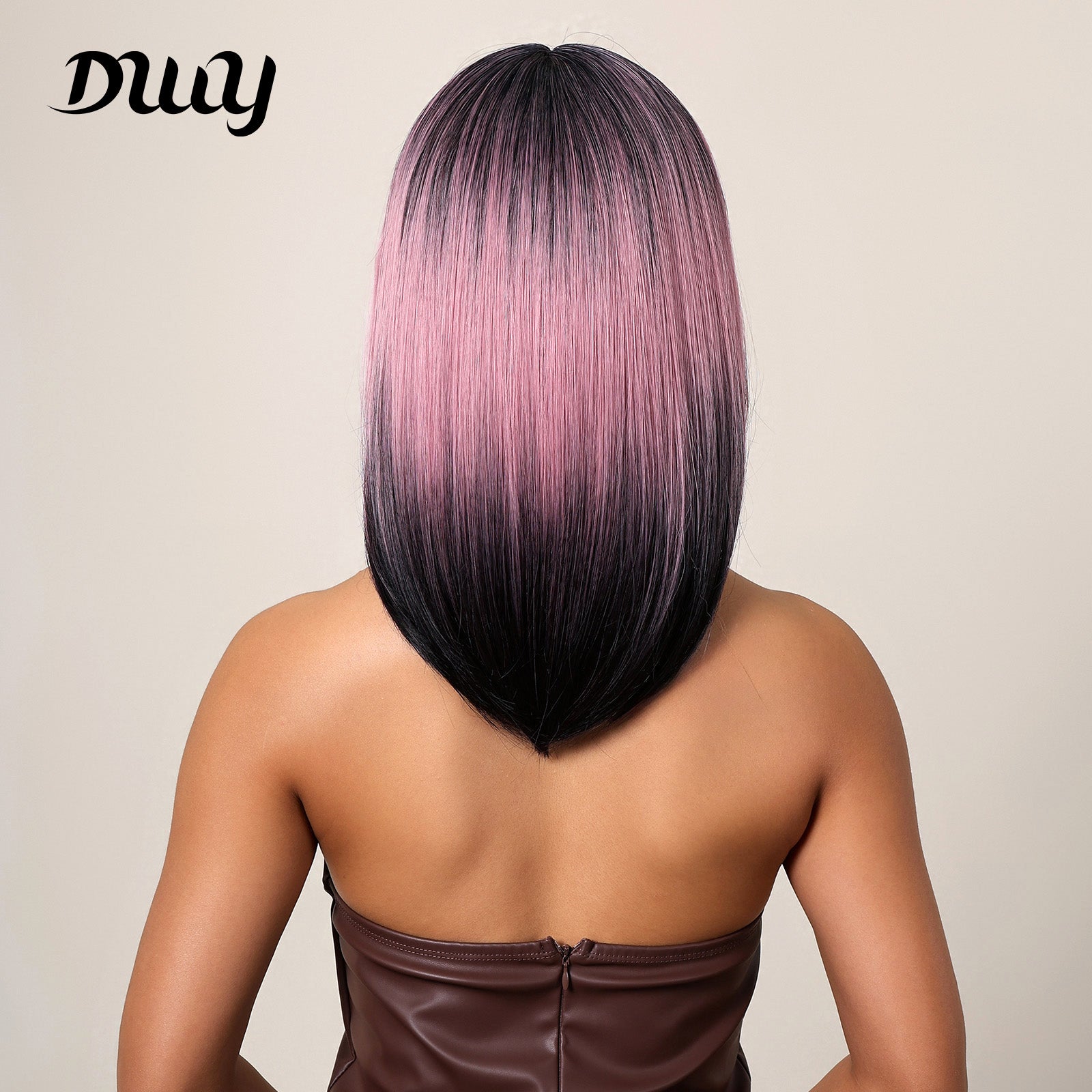 16 Inches Long Straight Pink Gradient Black Wigs with Bangs Synthetic Wigs Women's Wigs for Daily Use Party or Cosplay Taking Photos WL1121-1