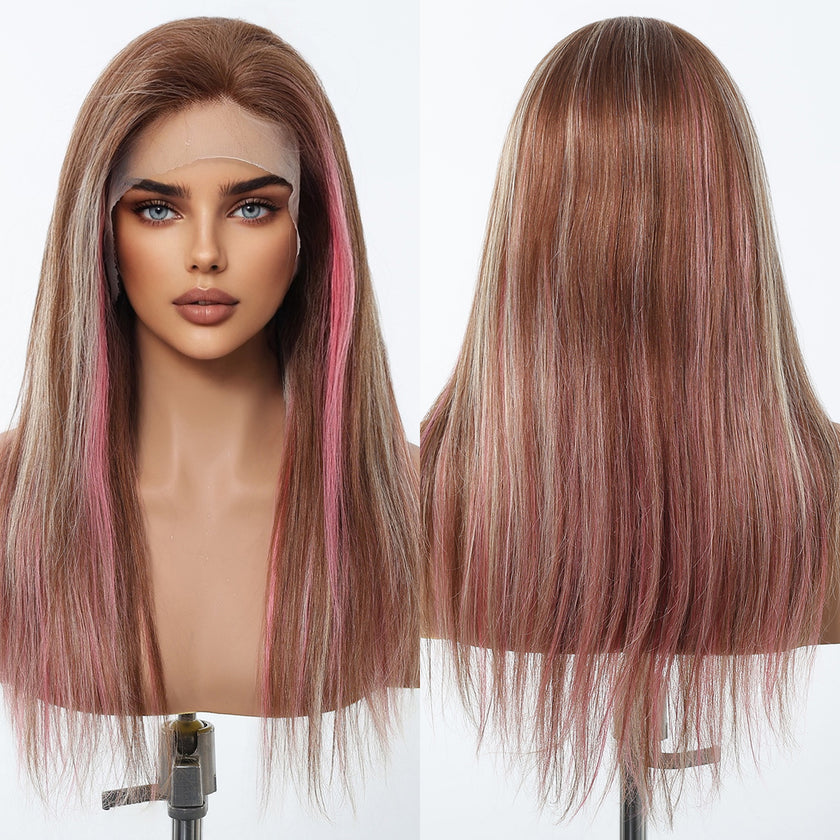 DWY Lace Human Hair Wig – Long Length Rose Gold with Pink Highlights