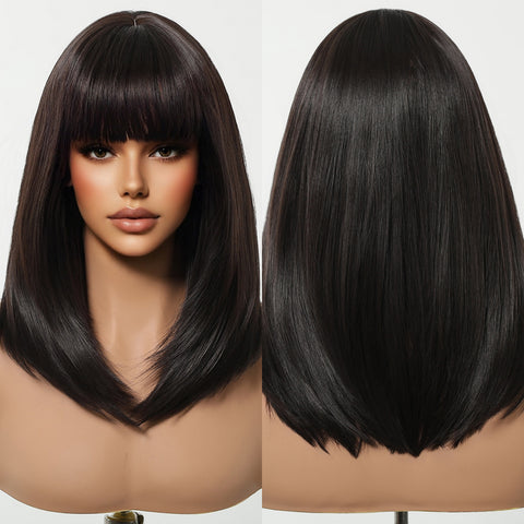 【Year End Sale】Dwy Chic Chin-Length Layered Brown Synthetic Wig with Bangs