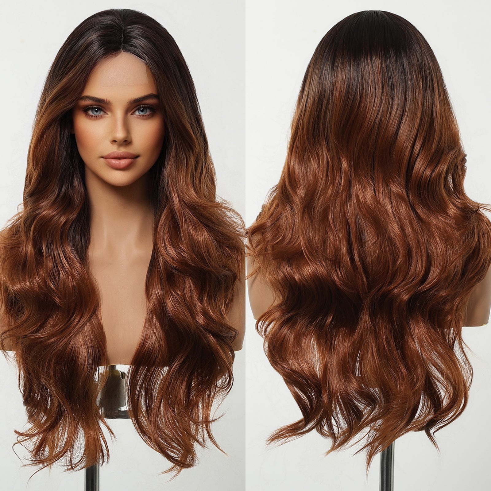 DWY Copper Brown Natural Wavy Synthetic Wig with Middle Parting