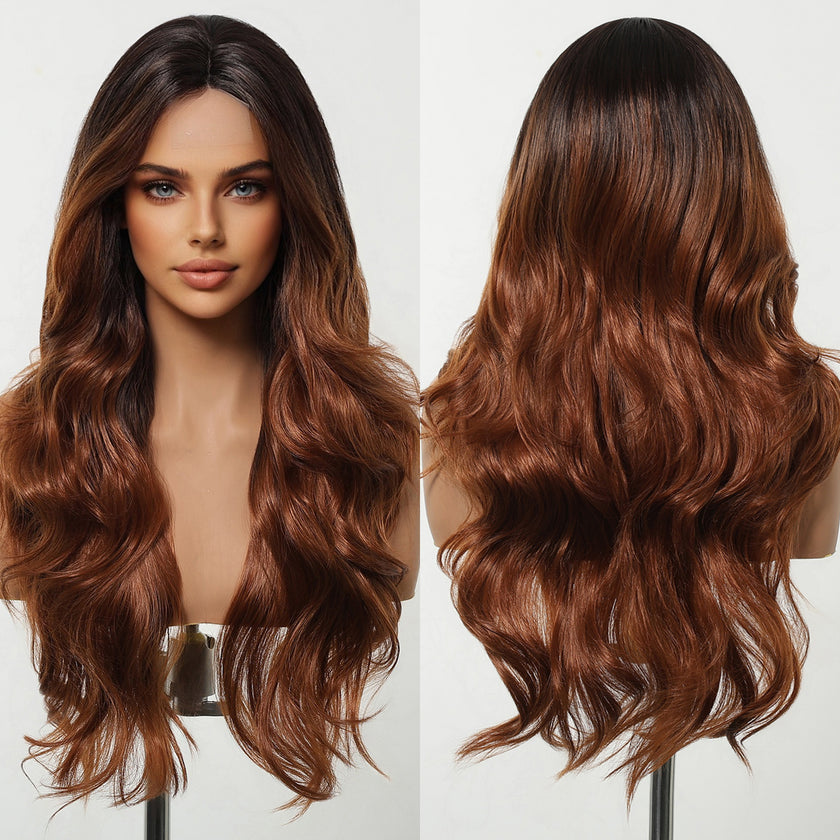 DWY Copper Brown Natural Wavy Synthetic Wig with Middle Parting
