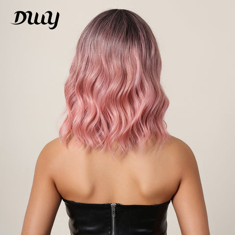 Ava-DWY Ombre Pink Curly Synthetic Wigs With Bangs