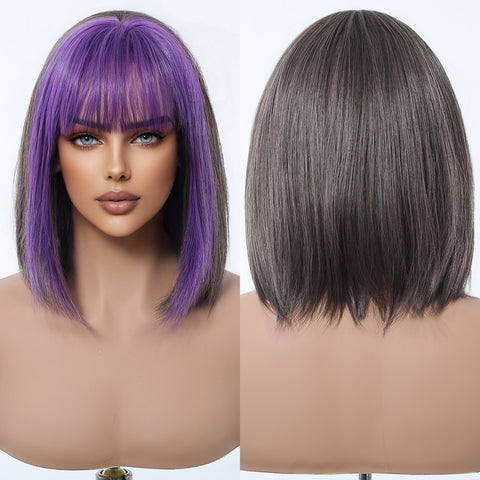 【Early Black Friday】Dwy Purple and Grey Natural Bob-Synthetic Wig