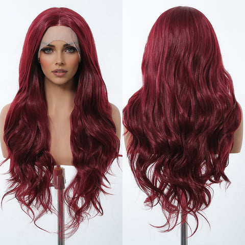 【Early Black Friday】Dwy Red Long Middle Lace Parting Wavy Synthetic Wig