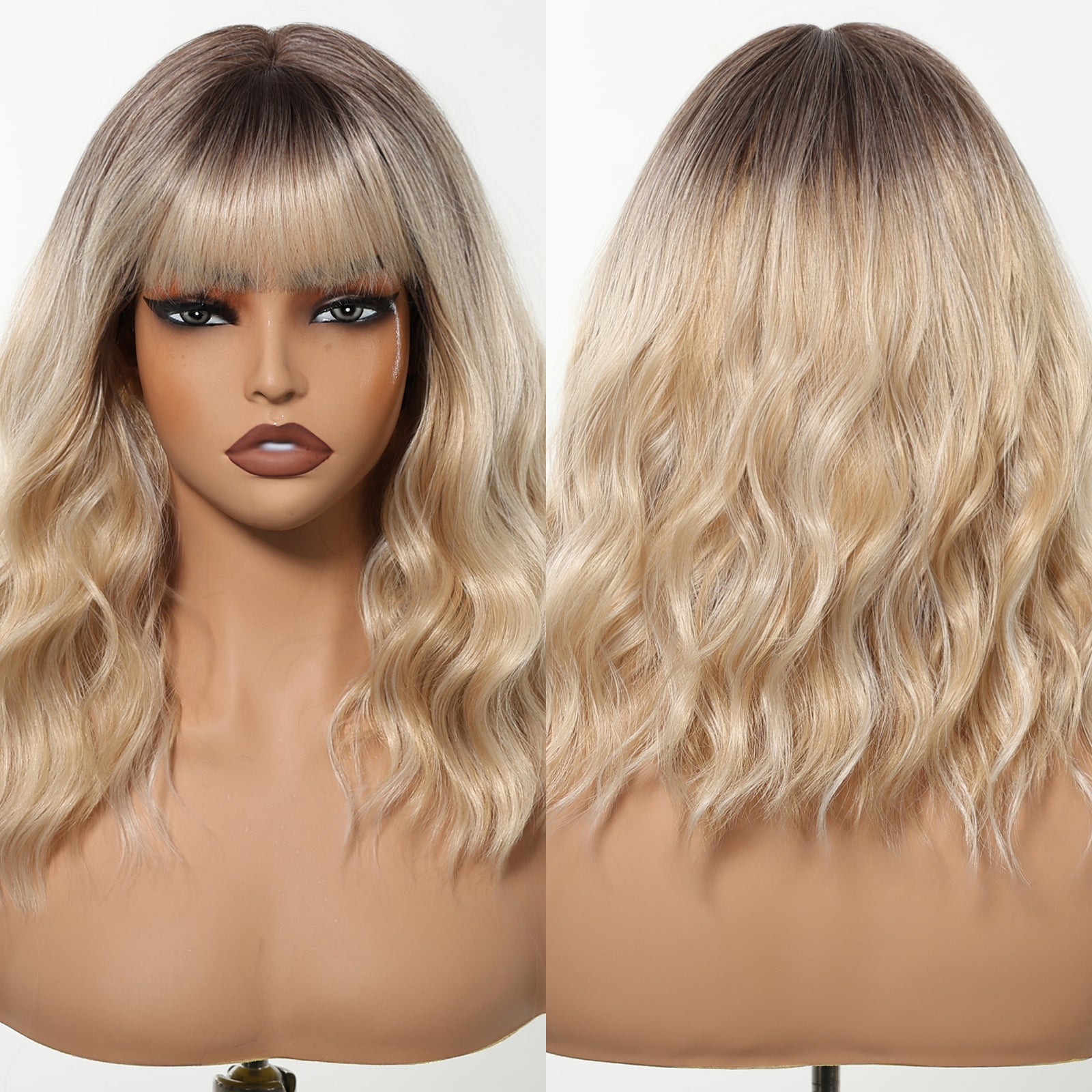 DWY Chestnut Brown Wavy Bangs Synthetic Wig