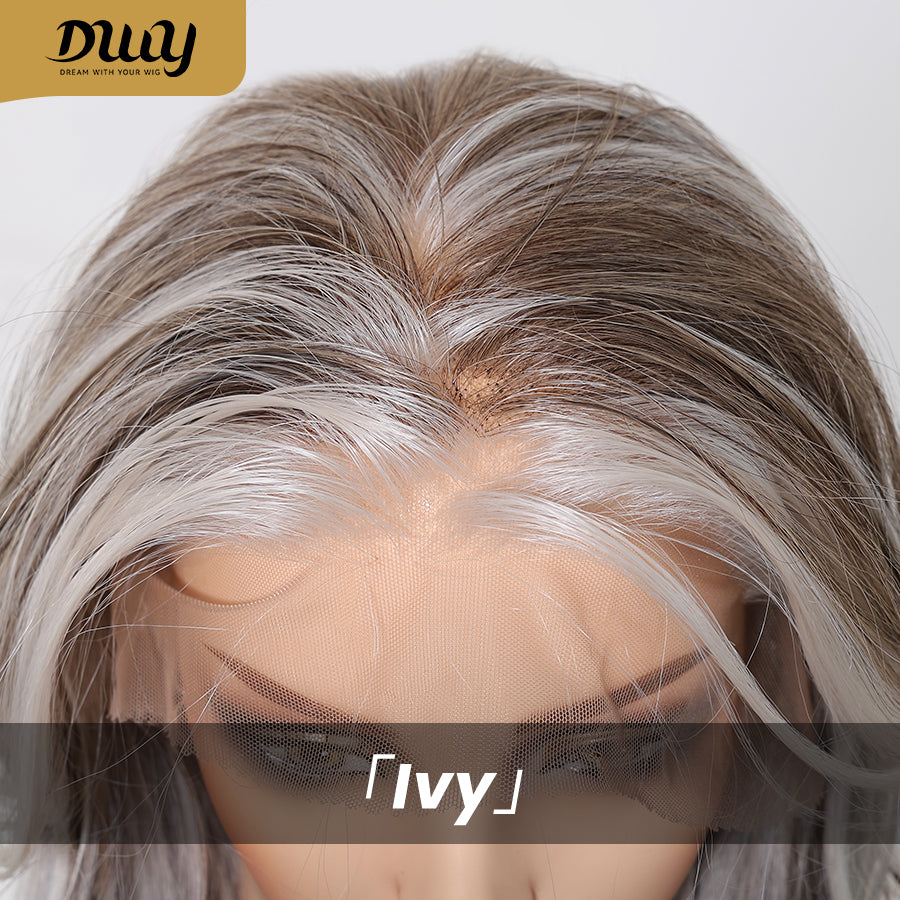 Ivy C- DWY 13×6 Lace Front Free Part Long-Length Wavy Ash Blonde Highlighted Glueless Synthetic Wig for Women 22 Inches