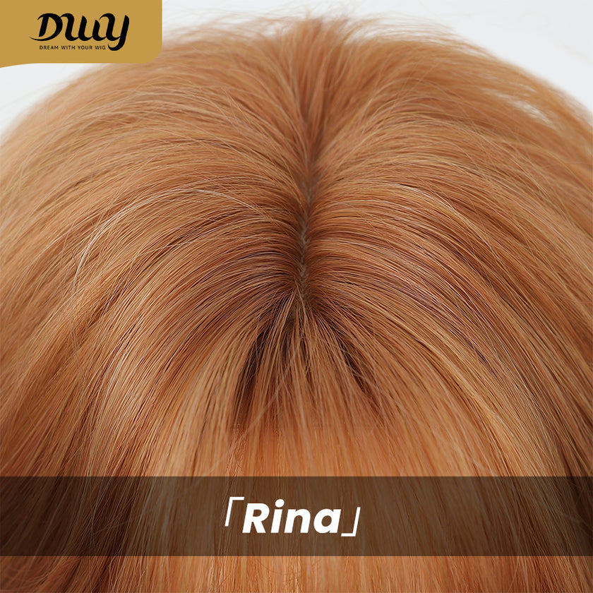 Rina-DWY Machine Made Mid-length Wavy Hairstyle Auburn with Blunt Bangs Glueless Synthetic Wig for Women 18 Inches