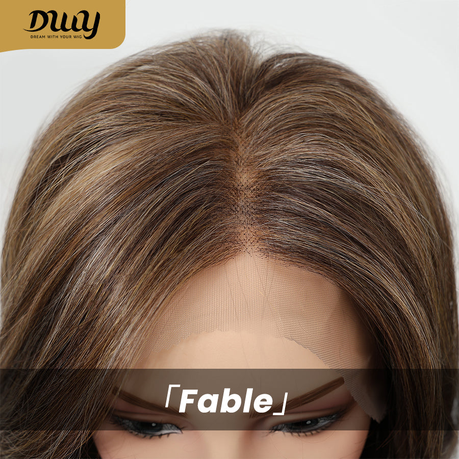 Fable-DWY 13×4 Filter Lace Front Free Part Mid-Length Layer-cut Straight Brown with Highligts Glueless Synthetic Wig