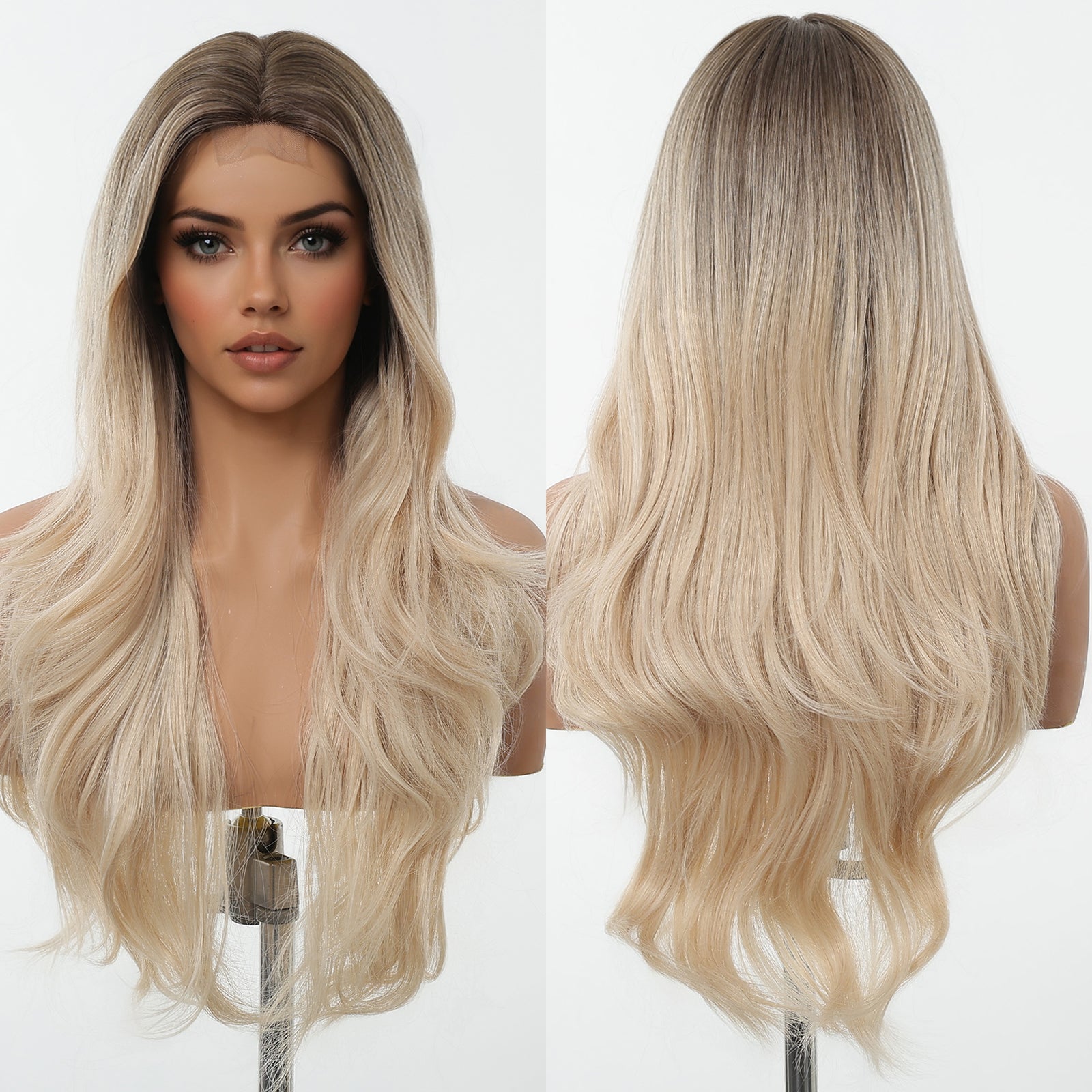 DWY Ombre Blonde Long Wavy  Frontal Lace Layered  Synthetic Wig