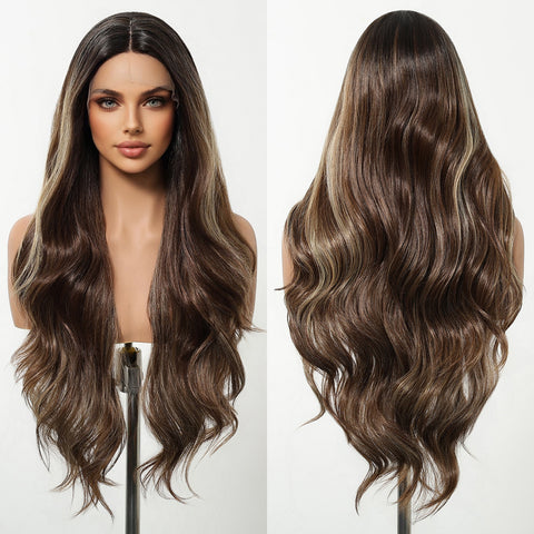 【Early Black Friday】Dwy Lace Front Natural Highlighted Brown Wavy Synthetic Wig