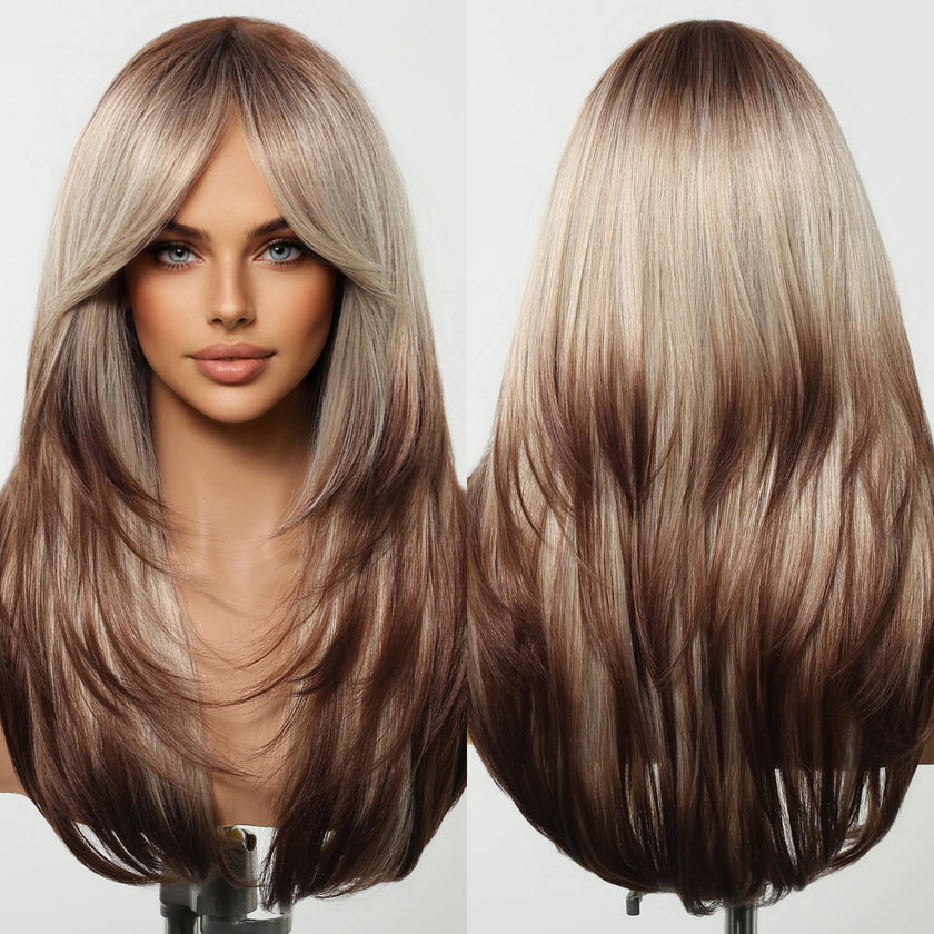 Erica-DWY Machine Made Mid-Length Straight Bleach Blonde with Brown Ends Glueless Synthetic Wig for Women 22 inches