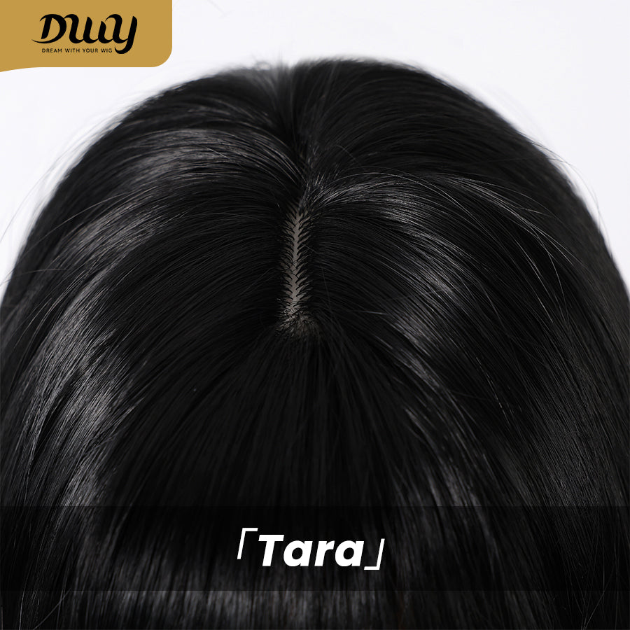 Tara-DWY Machine Made Long Silky Straight Chocolate Brown with Highlights with Bangs Glueless Synthetic Wig for Women 26 Inches