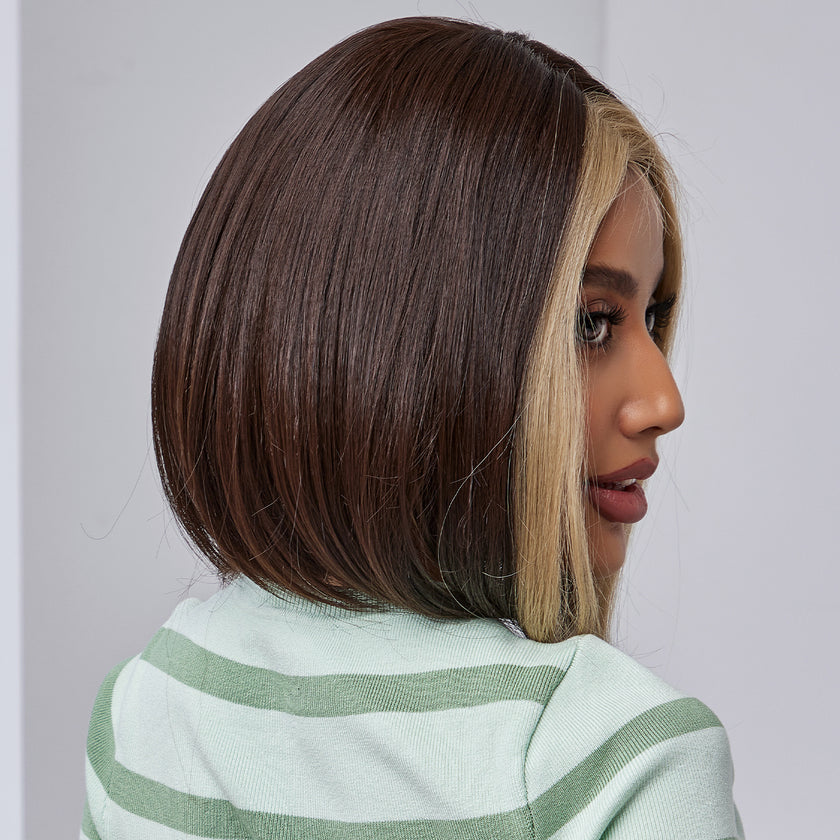 DWY Lace front 10 Inch Bob brown with golden highlight short straight wig DWY-BL66085-1