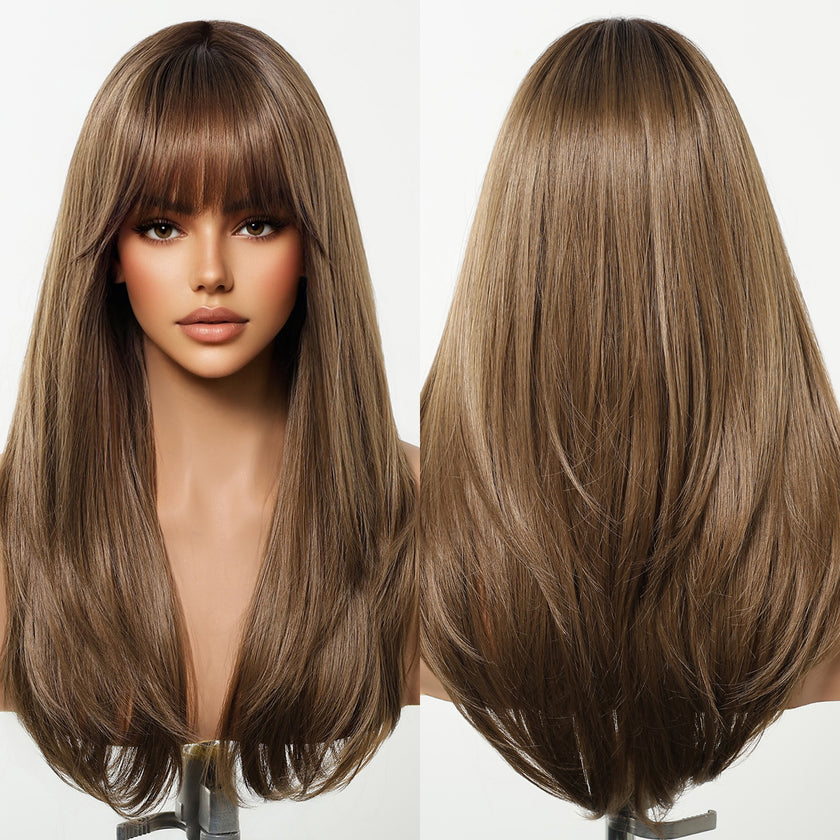 [LIMITED CLEARANCE]  DWY Machine Made Brown Straight Realistic Cute Hair Glueless Synthetic Wig for Women 24 Inches Pixie Cut Wigs Shaggy Wig Deep Wavy Wigs Deep Wave Wigs