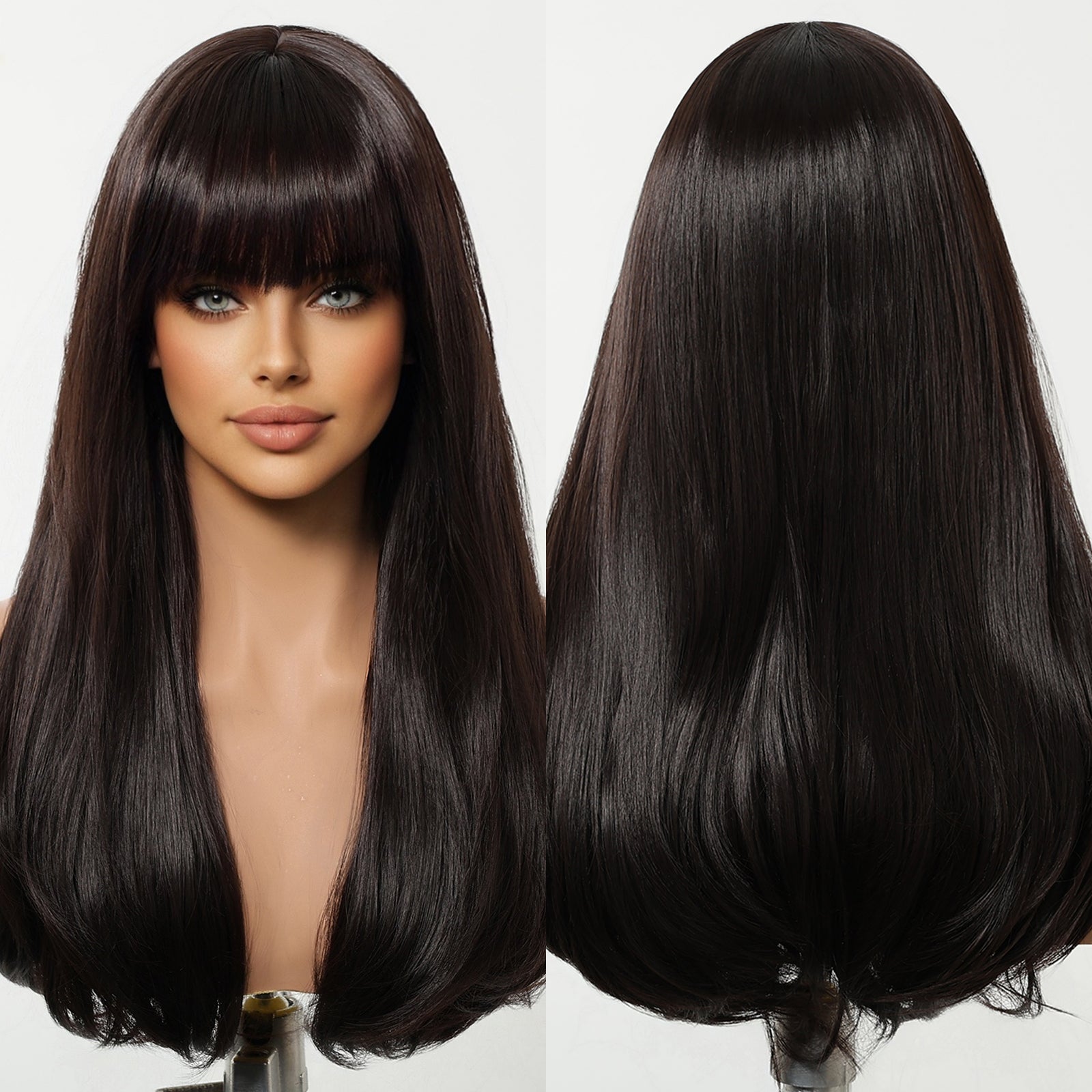 Maribel-DWY Machine Made Mid-Length Curly Black Glueless Synthetic Wig with Bangs for Women 16 Inches