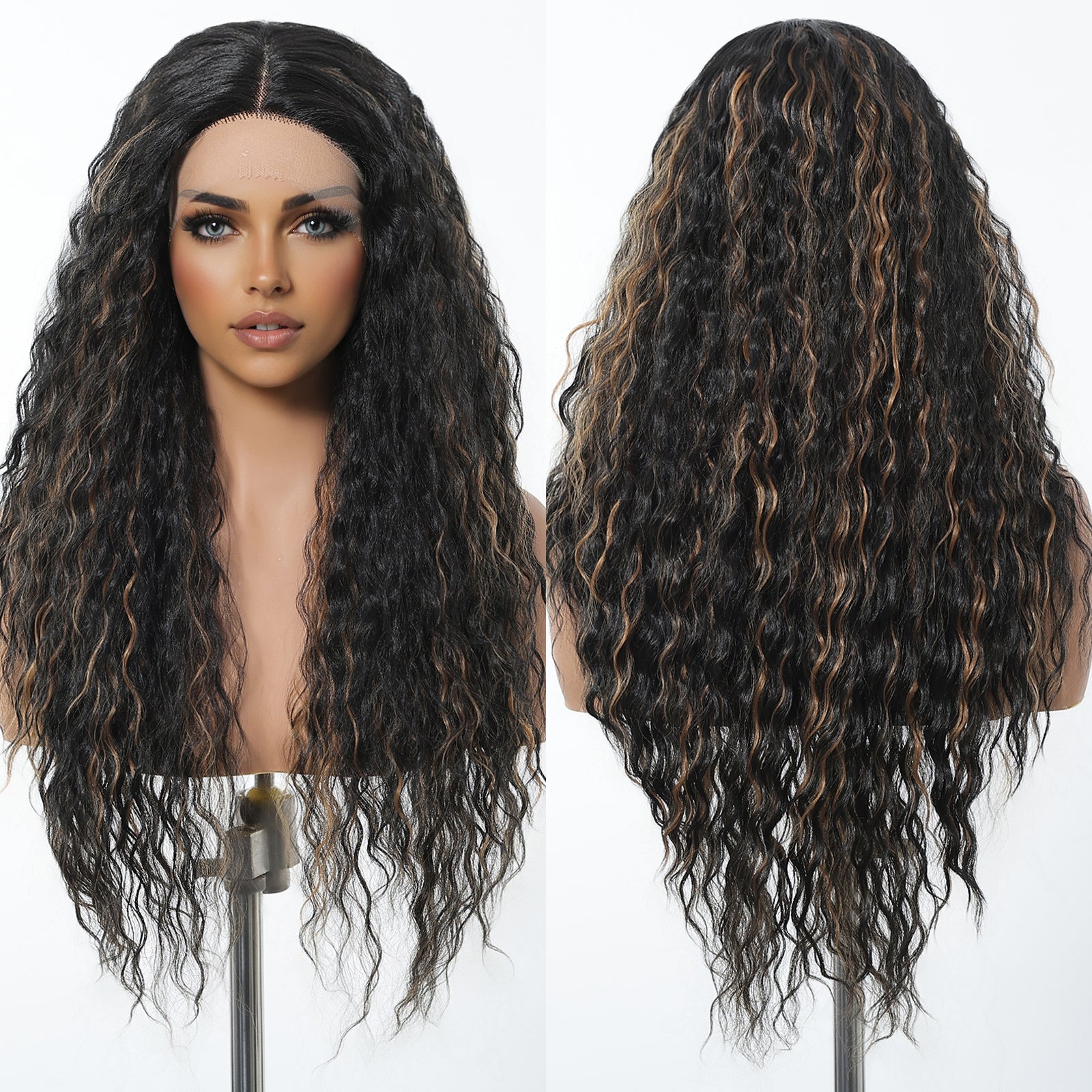 DWY Dark Brown Highlighted Curly T-Part Lace Wig for Black Women