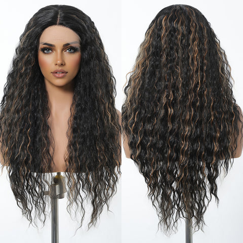 【Early Black Friday】Dwy Dark Brown Highlighted Curly T-Part Lace Wig for Black Women