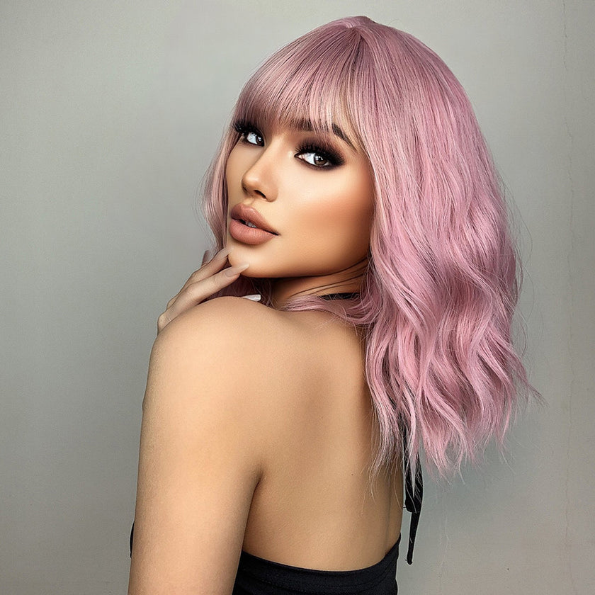 Us Only) DWY WIGS 14 Inch Short Pink Wavy Curly Wig with Bang