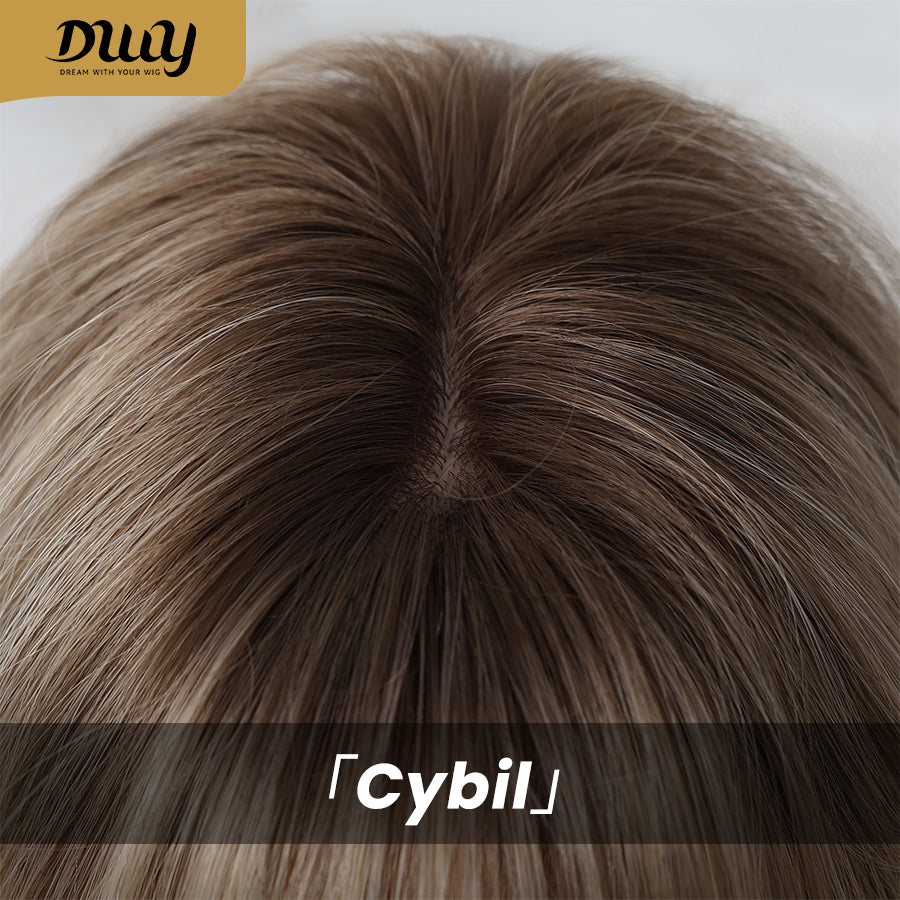 Cybil-DWY Machine Made Mid-length Wave  Bolonde With Dark Roots Glueless Synthetic Wig With Bangs For Women  22 Inches